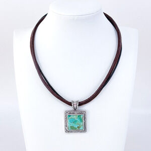 Vintage Sterling Silver Leather Cord Composite Turquoise Pendant Necklace 15.5"